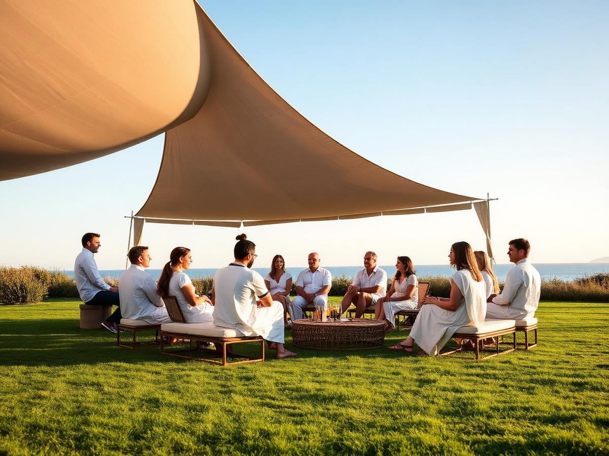 An outdoor experiential retreat under canvas pavilions on a coastal estate lawn