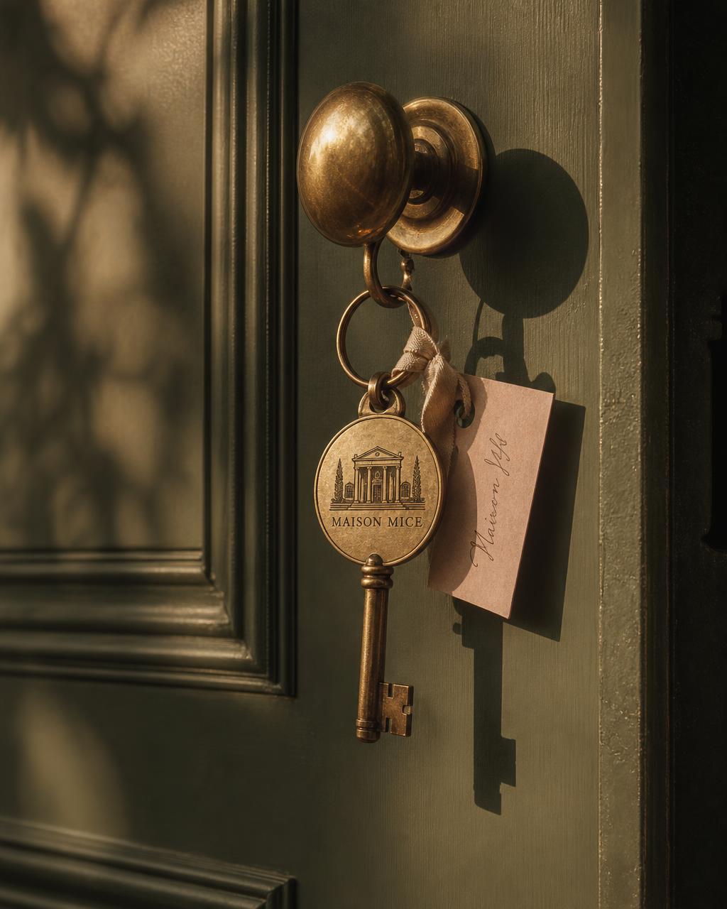 A brass key engraved with the Maison MICE villa mark hanging from the handle of an olive-green door